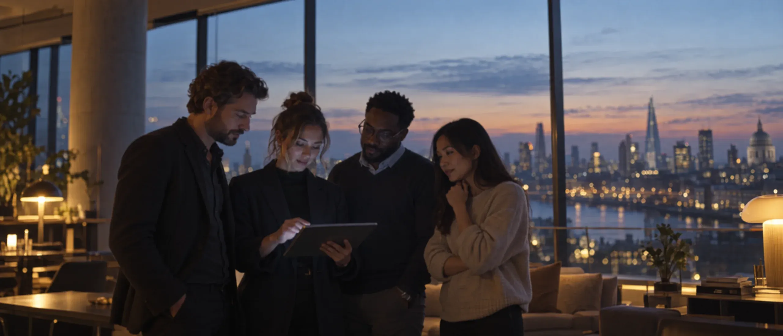 Modern UK team standing shoulder-to-shoulder at dusk