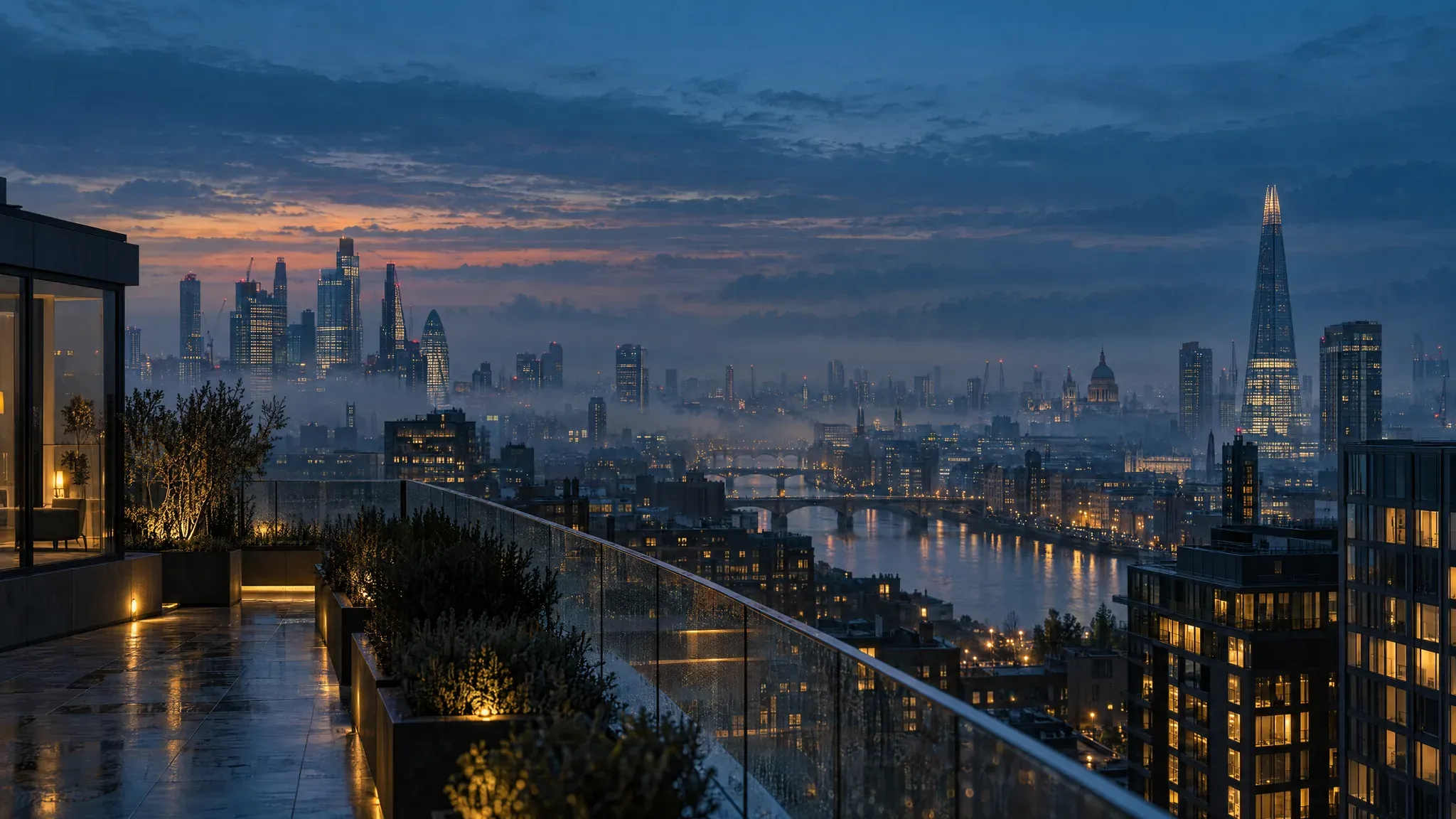 Modern UK tech district at blue hour