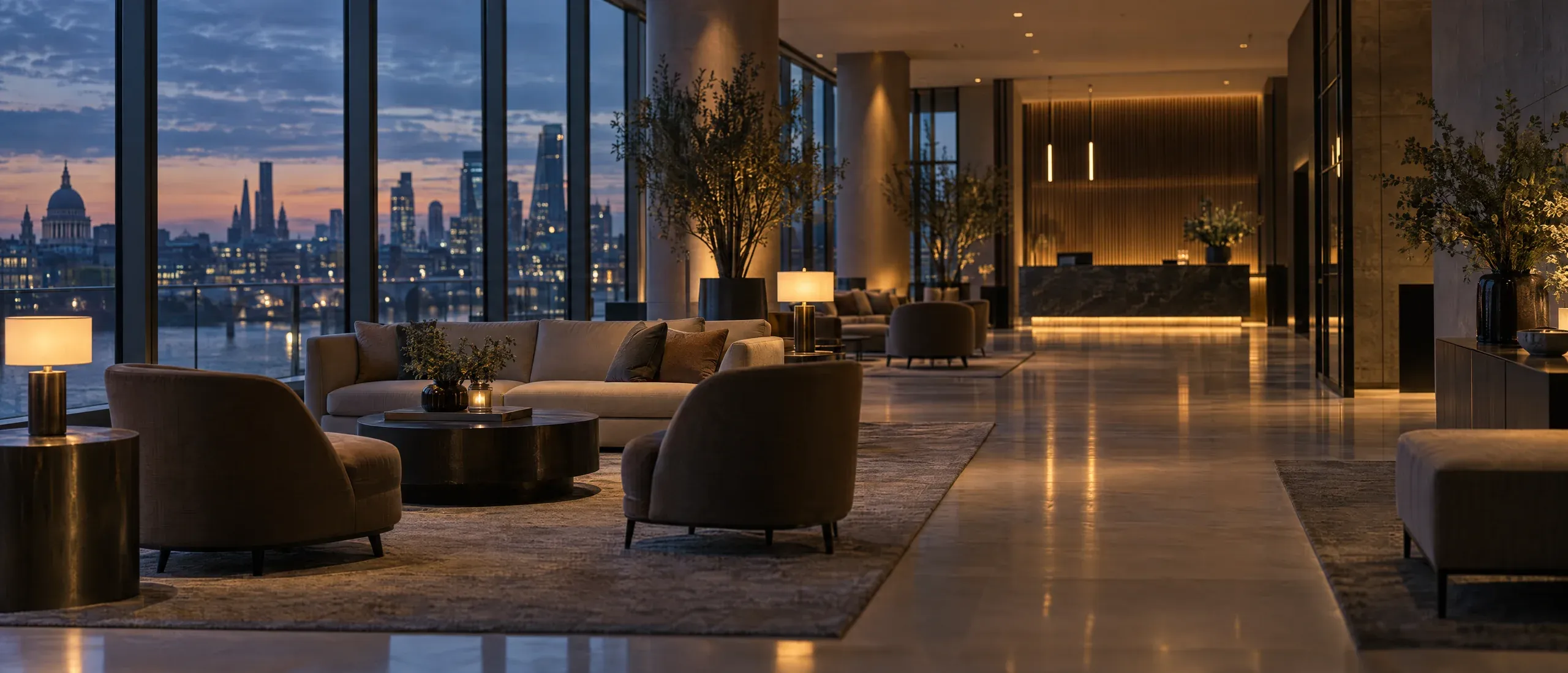 Modern UK reception lounge at dusk