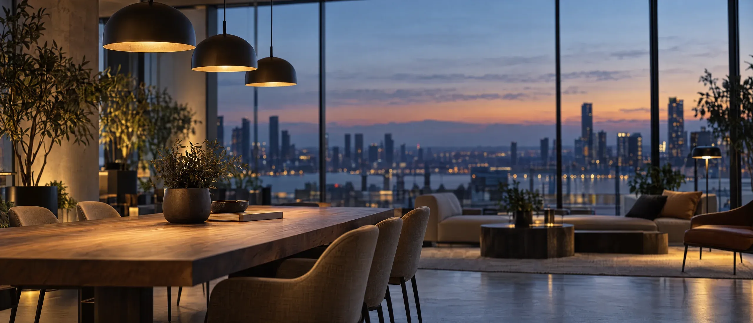 Minimalist office lounge at dusk