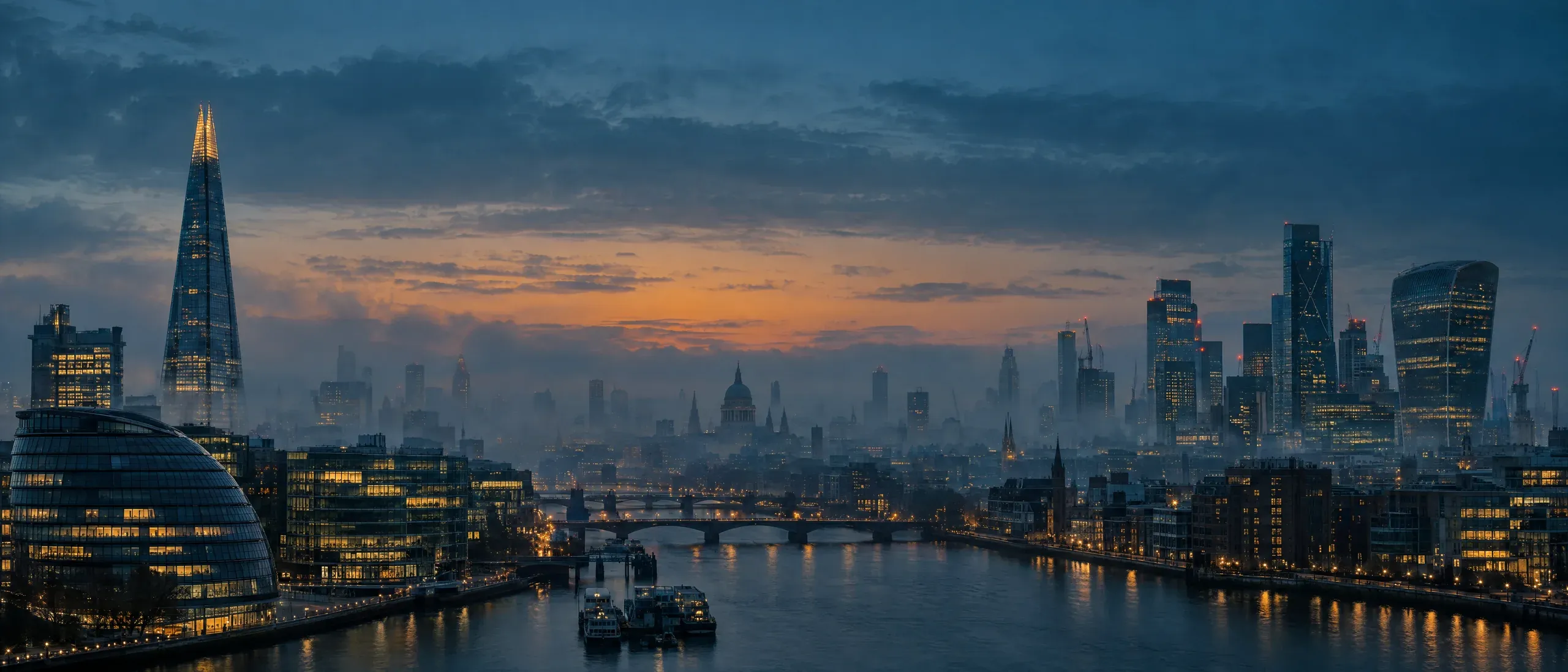 UK IT services skyline at blue hour
