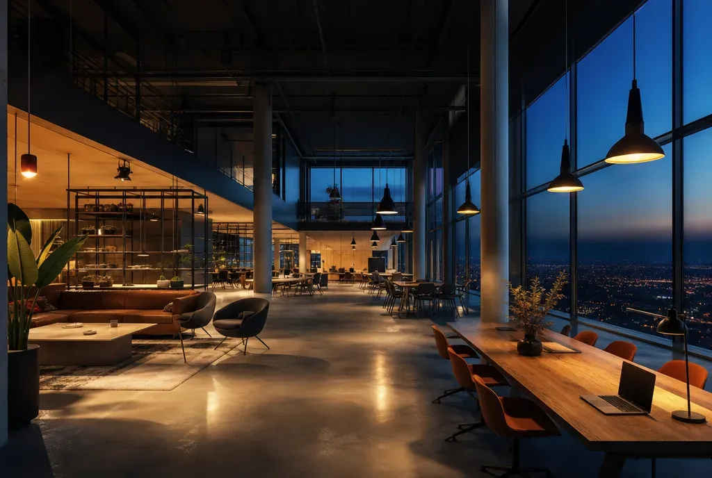 Modern collaborative workspace at dusk