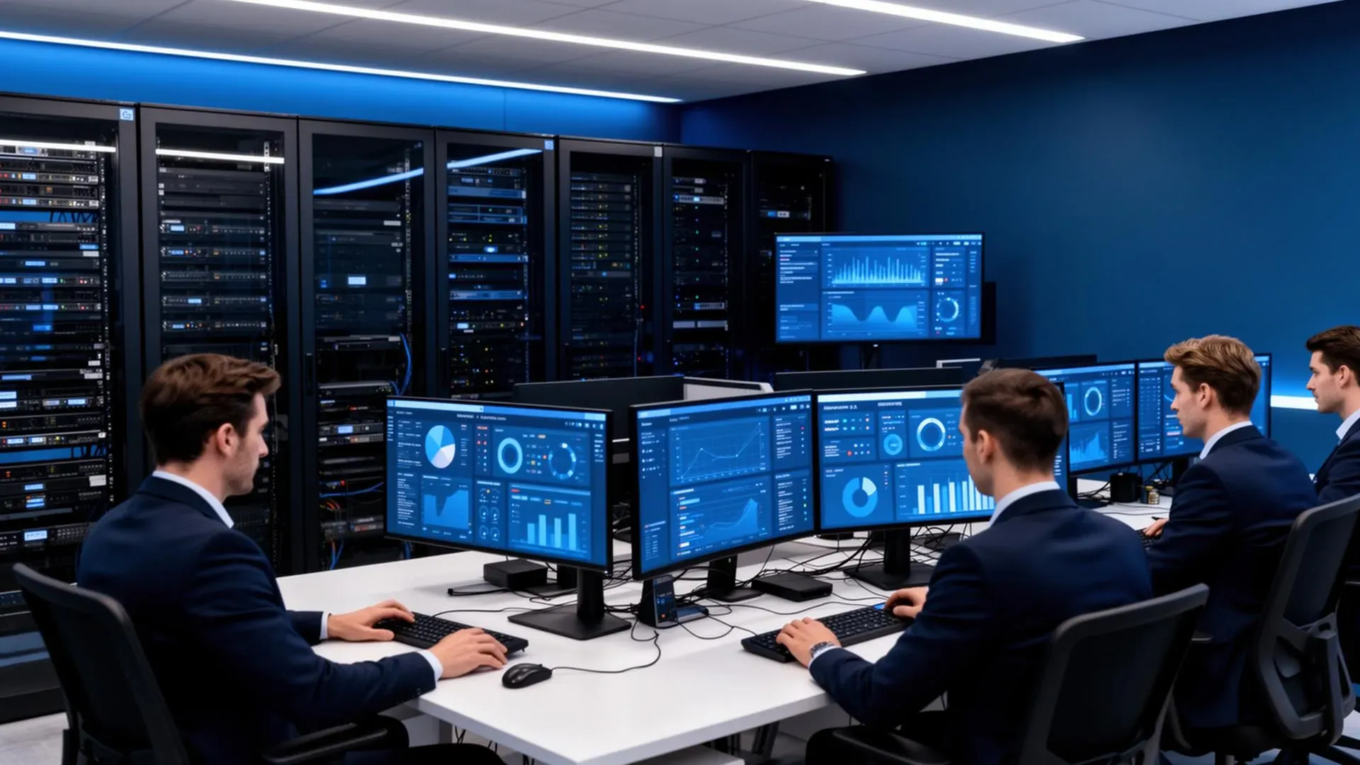 Task Masters IT team working with data analytics dashboards and server infrastructure