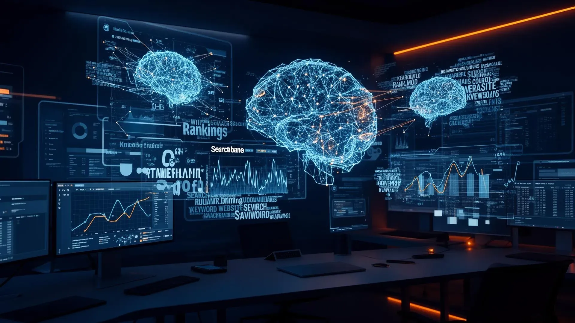 Futuristic SEO and AI analytics command center with holographic data visualisations