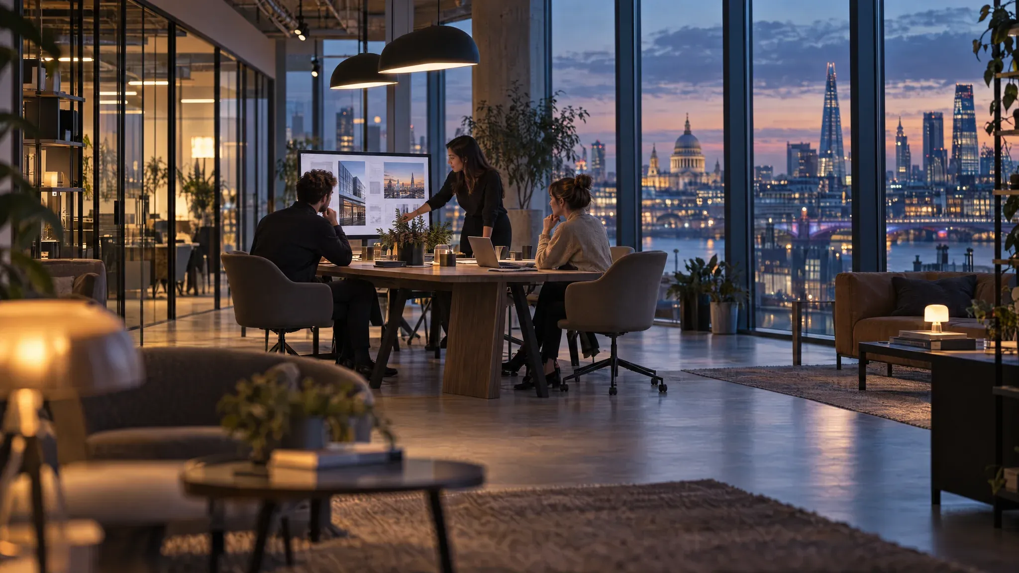 Modern UK collaborative workspace at dusk